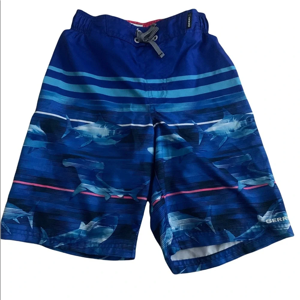 Gerry Gear | Youth Boys Swim Trunks Medium Blue Ocean Shark Hot Pink Stripe